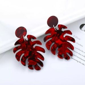 Red dangle leaf earrings acrylic handmade boho